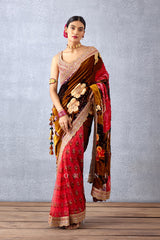 Ochre Yellow Chintz Printed Half and Half Saree with Gota Detailing