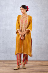 Ochre Yellow Sheer Silk Organza Kurta With Striped Printed Slip And Pants In Silk Velvet