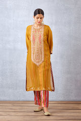 Ochre Yellow Sheer Silk Organza Kurta With Striped Printed Slip And Pants 