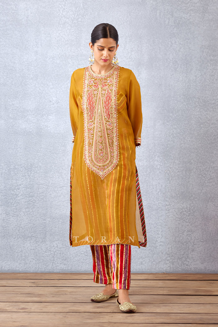 Ochre Yellow Sheer Silk Organza Kurta With Striped Printed Slip And Pants 