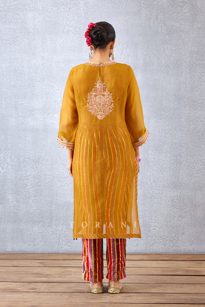 Ochre Yellow Sheer Silk Organza Kurta With Pants In Silk Velvet