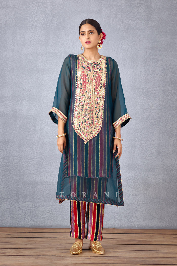 Navy Blue Sheer Silk Organza Kurta With Striped Printed Slip And Pants In Silk Velvet