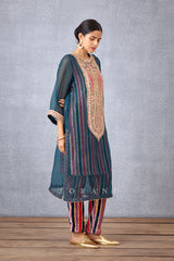 Sheer Silk Organza Kurta With Striped Printed Slip And Pants In Silk Velvet