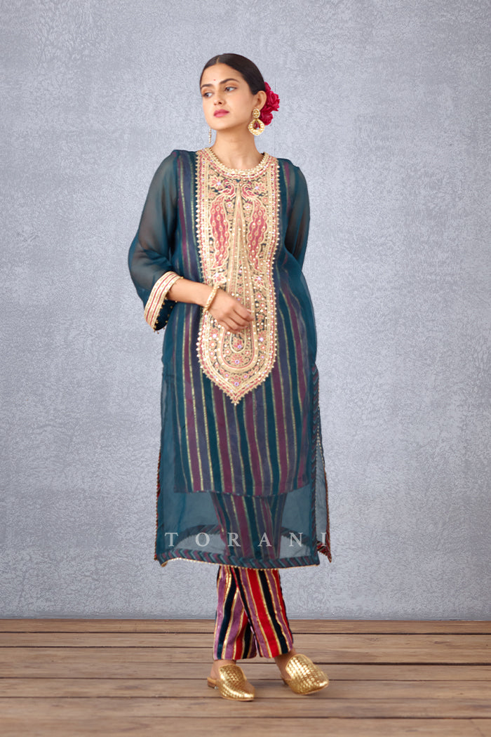 Navy Blue Sheer Silk Organza Kurta With Striped Slip And Pants In Silk Velvet