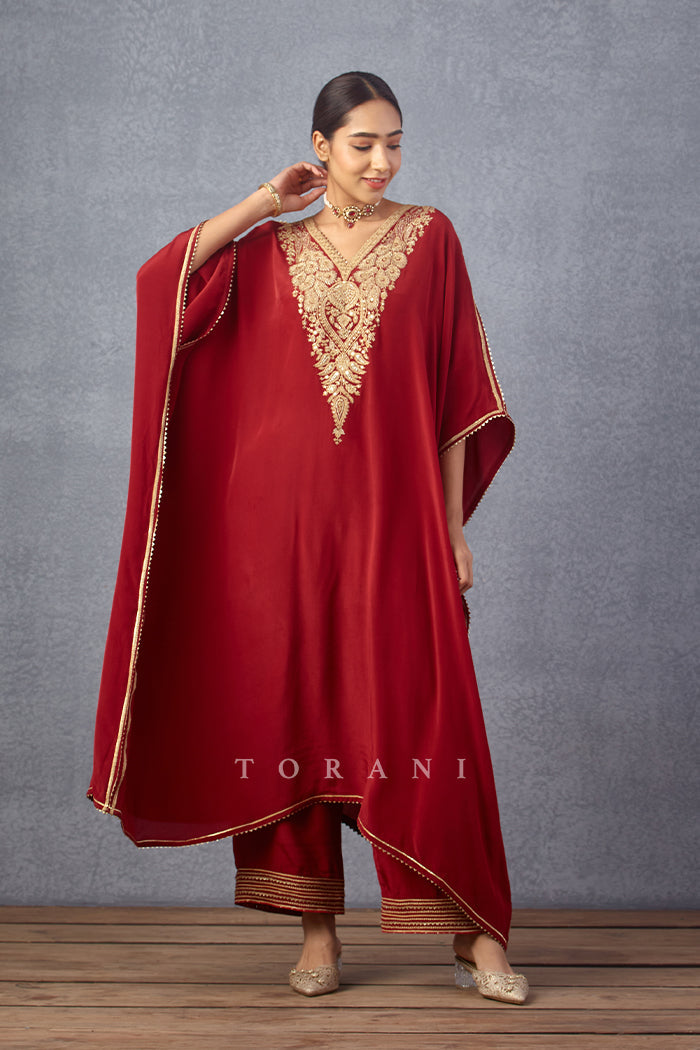 Long Embroidered Red Kaftan Set