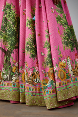 digital printed lehenga with hand embroidery on border