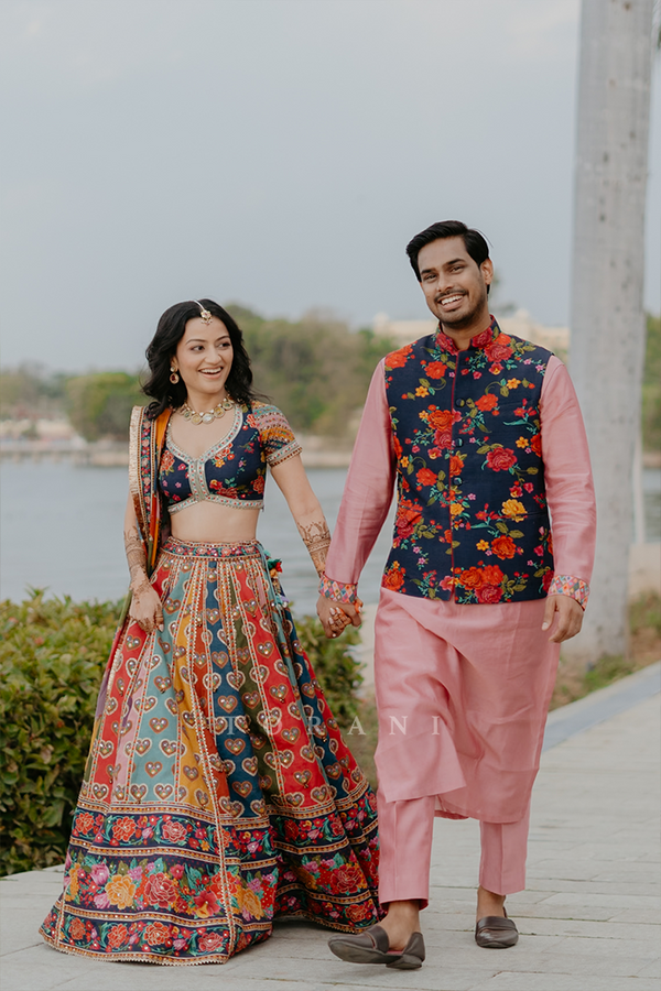 Tanvi and Navkar in our Dil Rang Jiya Lehenga Set and Custom Bandi Set