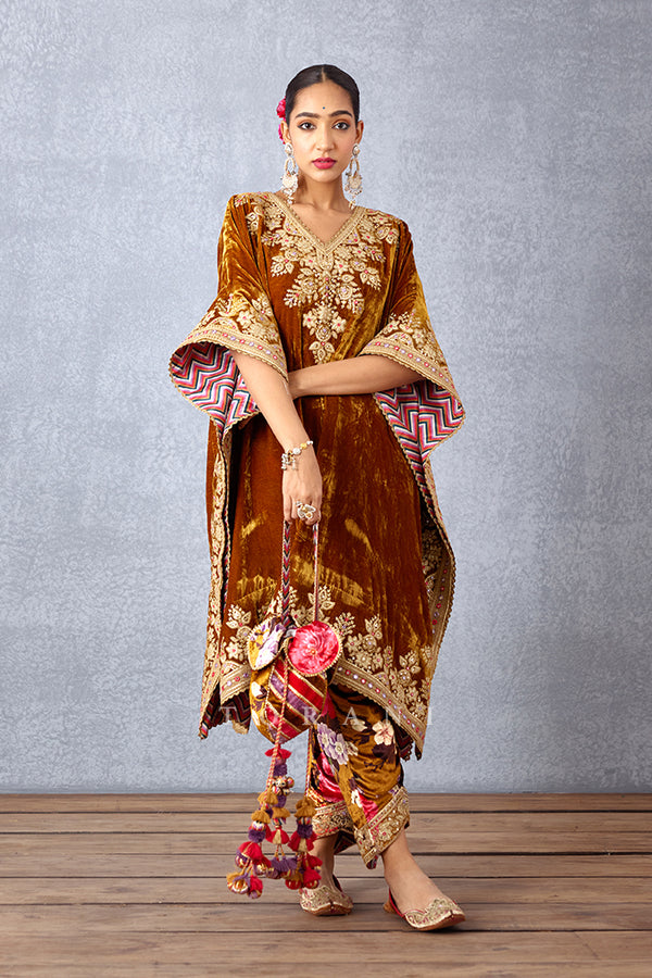 Silk Velvet Kaftan with Pants having Zari Embroidery